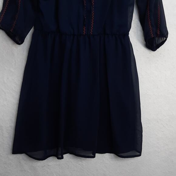 Ruby Rox Peasant Dress Womens Medium Navy Blue Embroidered Boho‎ Feminine - Picture 7 of 12